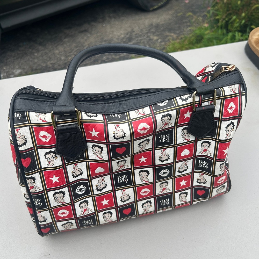 Betty Boop Grid Print Satchel Bag Red Black White Character Handbag